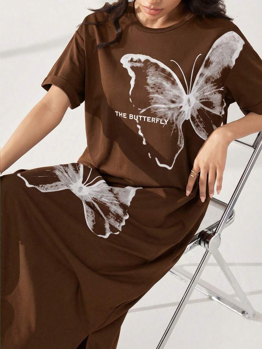 Mulvari 女士字母蝴蝶印花圆领短袖休闲连衣裙 - 棕色 - 查看 1