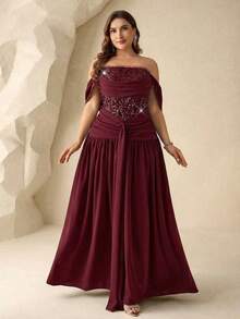 Coutiva Plus Size Women's Off-Shoulder Sequin Pleated Elegant Cinched Waist Formal Evening Gown - Burgundy - View 5