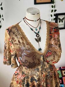 Sunspun Plus Size Women V-Neck Ruched A-Line Flounce Sleeve Blouse - Multicolor - View 5