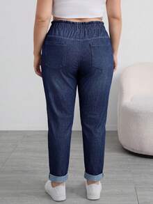 SHEIN Tall CURVE Summer Tall CURVE Plus Size Woman Casual Outfit Elastic Waist Denim Pants For Women Rolled Cuff Loose Jeans Washed High Tapered - Black - View 2