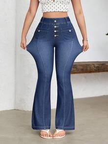 Flexra Women's Casual Washed High Waist Flare Leg Jeans - Blue - View 4