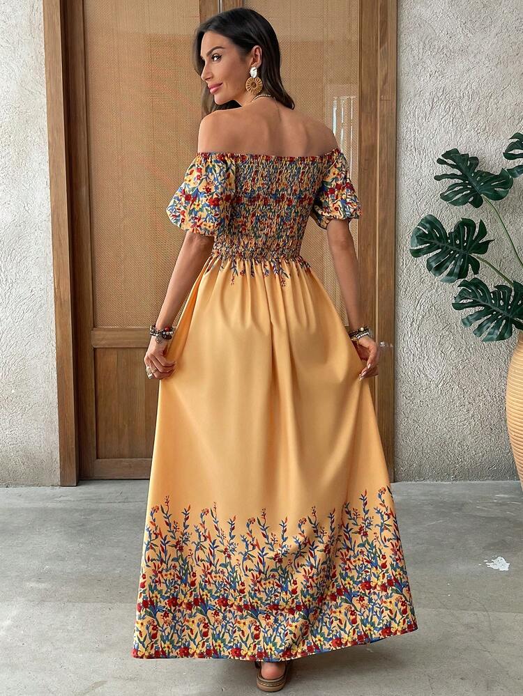 Women's Floral Print Off-Shoulder Petal Sleeve Long Dress, Fashionable Holiday Style Going Out Outfit Summer Dresses For Women Summer Holiday Outfits Vacation Dresses Holiday Dresses Going Out Dresses Summer Outfit For Women Beach Dress Elegant Dresses For Women Beach Dresses For Women Beautiful Dresses For Women Beach Dress Floral Dresses For Women