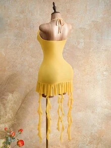 Mistrie Bộ sưu tập thời trang nữ Xuân Hè 2026 mới, cổ áo choker gợi cảm với họa tiết lá uốn lượn, đầm dài, tôn dáng, phong cách Y2K tái hiện, ngọt ngào quyến rũ, chất liệu vải xuyên thấu, đầm trễ vai, trang phục đi nghỉ mát, trang phục lễ hội, dành cho thiếu nữ, thanh niên, chất liệu vải nhẹ, phù hợp cho kỳ nghỉ ở bãi biển Miami, đầm đi biển. - Màu vàng - Xem 2