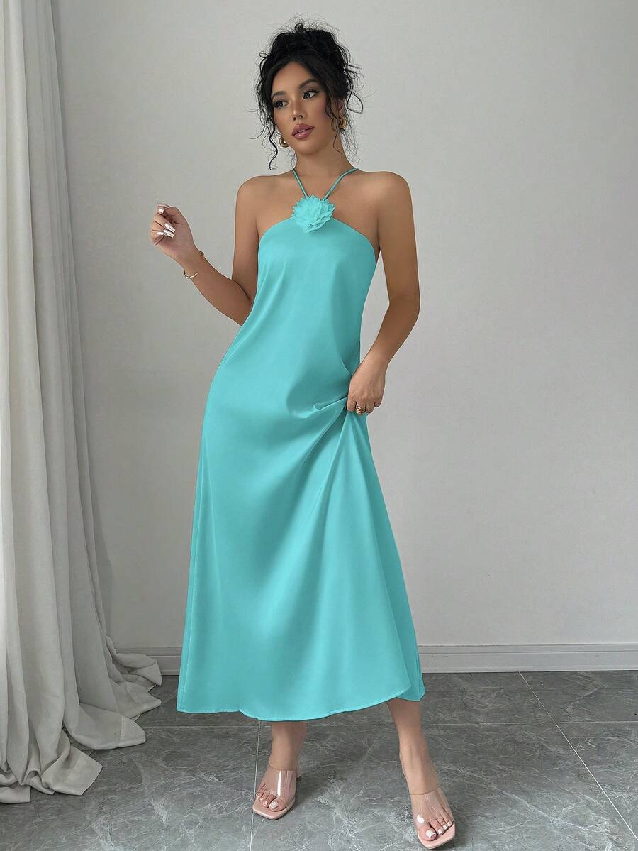 Selianne Đầm maxi satin thanh lịch cổ yếm trang trí hoa 3D dành cho nữ. - Màu xanh Cadet - Xem 1