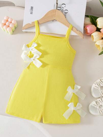 SHEIN Baby Girls' Casual Sleeveless Elastic Ribbed Romper With Bow Decor, Short Jumpsuit For Summer, Pink