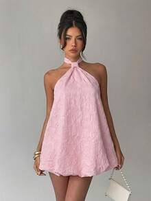 Aloruh Women's Romantic Vacation Pink Textured Fabric Mini Dress - Pink - View 7