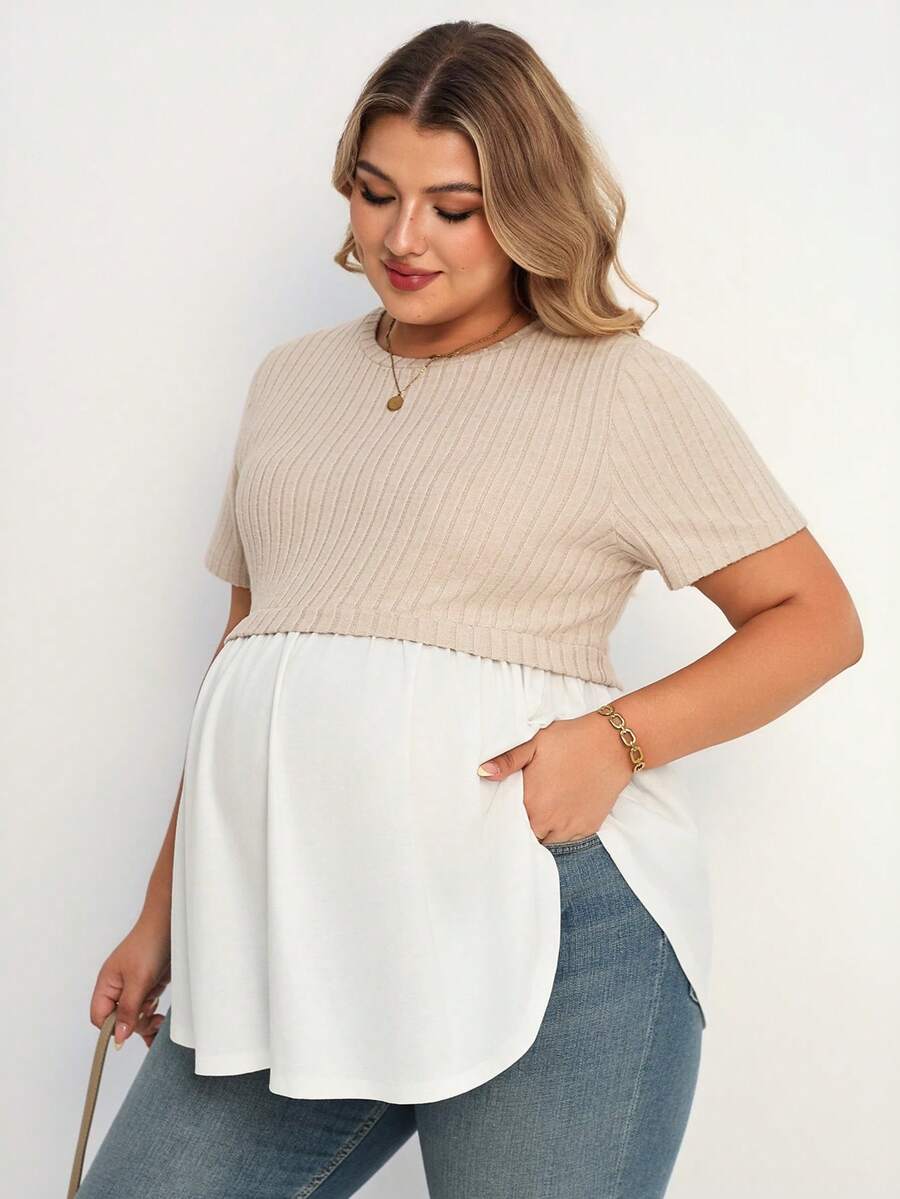 Plussiva 大尺碼孕婦對比色圓領短袖休閒上衣 早午餐穿搭 - 杏色 - 查看 1