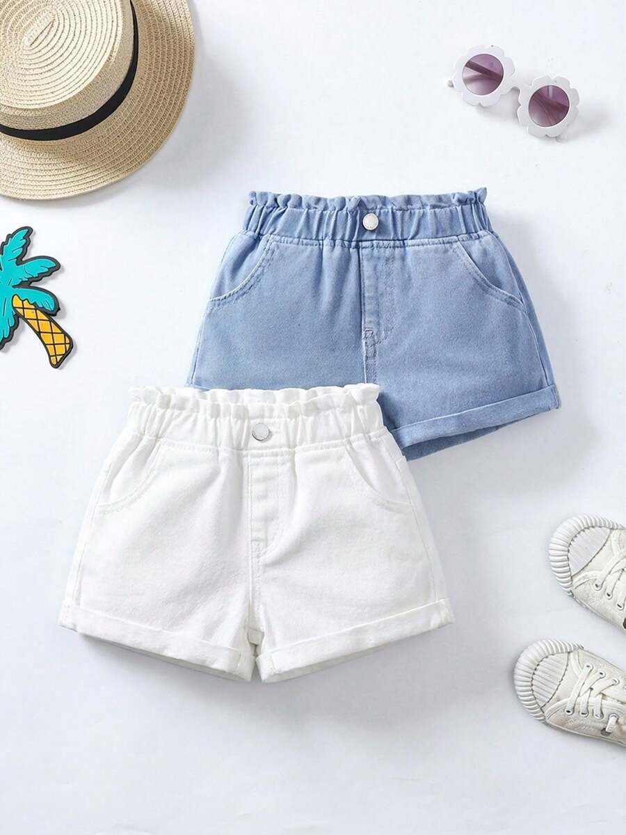 SHEIN 2pcs/Set Celana Pendek Denim Kasual Dua Warna untuk Anak Perempuan - MultiWarna - View 1