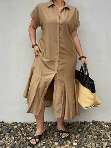 Dazy Plus Plus Size Fashionable Solid Color Versatile Collared Shirt Dress, Suitable For Commuting, Spring/Summer Sundress - Khaki - View 5