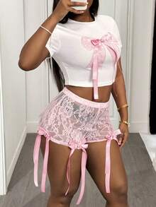 Slaydiva 新款性感日常约会可爱风圆领短袖修身蕾丝蝴蝶结印花图案白色T恤+高腰修身迷你短裤蕾丝蝴蝶结流苏装饰短裤-T - 粉色 - 查看 4