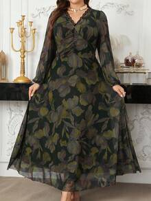 Modelyn Women's V-Neck Lace Patchwork Lantern Sleeve Elastic Waist A-Line Floral Print Elegant Plus Size Dress - Multicolor - View 3