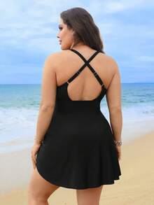 Swim Lushoire Bộ đồ bơi hai mảnh tankini màu trơn cổ vuông dây chéo hai bên xếp nếp dành cho nữ cỡ lớn, kiểu dáng kín đáo, phù hợp cho bãi biển và hồ bơi. - màu đen - Xem 1