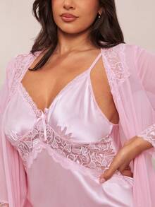 SHEIN BAE Set de 2 piezas de bata y camisón de pijama con parches de encaje de lujo, talla grande - Rosa - Ver 3