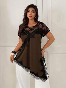 Femmeverse Plus Size Women Round Neck, Spaghetti Strap 2 In 1, Lace Patchwork Design, Slit Solid Color Dress - Brown - View 5