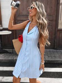 Pariaura 女士无袖格子前开襟简约连衣裙 - 藍色 - 查看 3