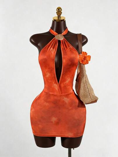 SaltGleam SaltGleam 女士露背镂空金属扣紧身迷你连衣裙，休闲优雅橙色度假连衣裙，魅力少女