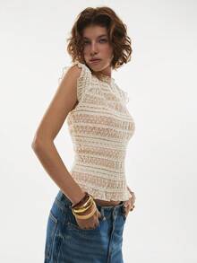 Poéselle 女士休闲纯色网纱无袖上衣，夏季 - 杏色 - 查看 7