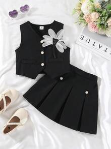 Souflis Souflis 女童甜美无袖珍珠纽扣背心+蝴蝶结百褶裙两件套，优雅休闲夏季套装 - 黑色 - 查看 4