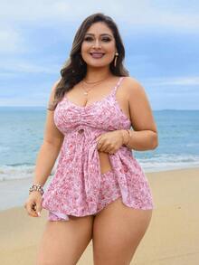 Swim Lushoire Plus Size Floral Print Sweet Tankini Top - Multicolor - View 4