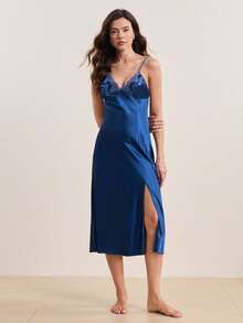 SilkySpell 对比色蕾丝开衩下摆吊带睡衣长裙奢华家居服 - 寶藍色 - 查看 5