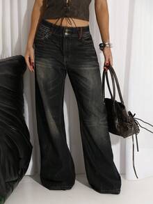 BiaLiraa Autumn/Winter New Chinese Style Tiger Head Geisha Figure English Embroidery Super Low Waist Retro Women Jeans - Blue - View 3