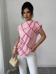 Elenzga 女士春夏休闲优雅立领不对称几何数码印花短袖衬衫 - 粉色 - 查看 6