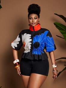 Maweii Plus Size Women Short Jacket,Black And White,Summer,Elegant, Colorful Cartoon Print Puff Sleeve Zip-Up Casual Commute Vacation Street Style - Multicolor - View 5