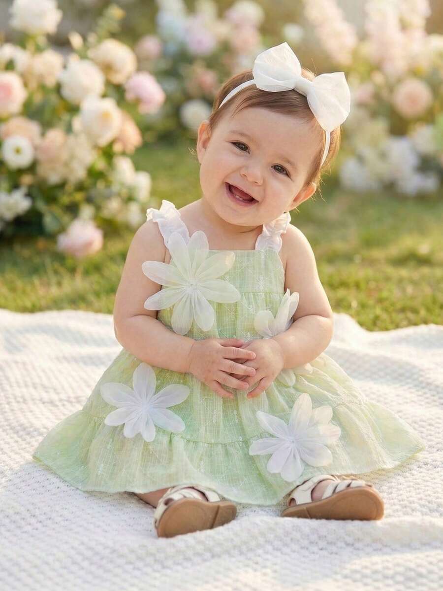 SHEIN Vintaside Kids Baby Girl Cute Bow Strap Dress, Summer - Green - View 1
