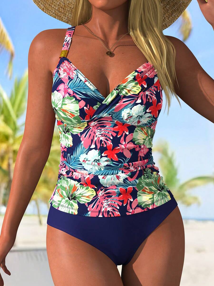 Swim Lushoire Conjunto de traje de baño de 2 piezas con Top de tankini con cuello en V, fruncido y estampado floral tropical, y Bottom de pantalón corto sólido para vacaciones de verano en la playa - Multicolor - Ver 1
