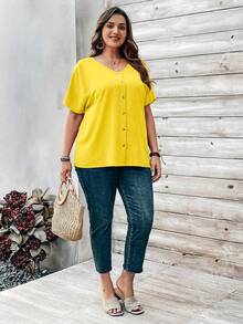 Rosumi Plus Size Women's Orange Button Embellished Short Sleeve Shirt For Spring - Pale Yellow - View 5