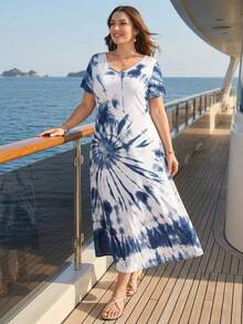 Rosumi 大码女式夏季休闲度假乡村扎染蓝白V领短袖长裙，春夏款，夏季度假款，夏季假期款，春假穿搭款，女士度假穿搭款，女士假日穿搭款，外出穿搭款，2026新款服装，简约时尚，适合日常穿着，适合夏季、度假、日常穿着，适合夏季、度假、日常穿着，女士连衣裙，飘逸连衣裙，女士沙滩装，休闲度假波西米亚风连衣裙，夏季连衣裙，乡村风女士夏季连衣裙，女士休闲连衣裙，女士航海风连衣裙，乡村音乐会服装 - 藍白色 - 查看 7