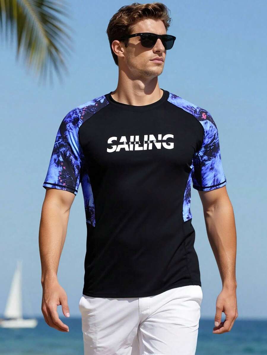 Manfinity Swimmode Men's Tropical Print Evaluation Swimwear, Beach & Surfing Men's Rash Guard Shirt Swimming Shirt For Men Surf Shirt Men Cancun Outfit - Black - View 1