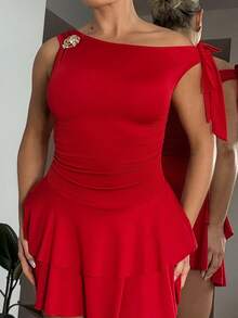 Bethéva Vestido con tirantes ajustados, decoración floral y ribete de volantes para mujer - Rojo - Ver 3