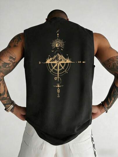 Men's vest, menswear, regular fit, sleeveless, streetwear, compass, mountain and adventure-themed graphic print with sun and airplane elements, suitable for everyday wear and outdoor activities, made of comfortable fabric, machine washable.