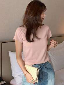 DAZY 女士圆领纯色基础款白色短袖T恤，春夏款 - 粉色 - 查看 5