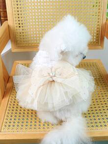 PETSIN 1pc Pet Pearl Decorative Mesh Dress Love Rhinestone Bow Decoration Elegant Princess Style Cat And Dog Universal Clothes - Beige - View 6