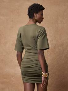 Zivah Women's Olive Green Summer Casual Date Ruched Mini Dress,Round Neck Short Sleeve Minimalist College Style Street Fashion Music Festival Talk Dress - Army Green - View 3