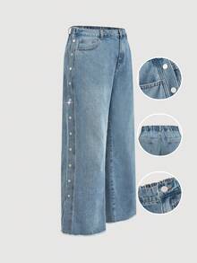 Sunnyshic Jeans a vita alta, lavaggio vintage, ampi e morbidi, con bottoni, per donne taglie forti - Blu lavato medio - Visualizzare 7