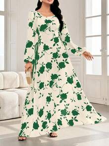 SHEIN Najma Round Neck Lantern Sleeve Side Drawstring Dual-Color Print Dress - Green - View 5