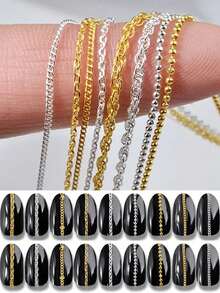 6 Pieces Per Box 3D Alloy Nail Decoration Mixed Metal Chain Nail Accessory Set, Golden Metal Chain Nail Decoration, Nail Accessory Chain, Line Nail Pendant, Nail Decoration With Box Set, DIY Nail Decoration - Multicolor - View 5