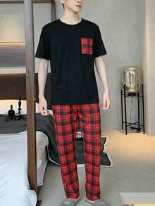 Velminro Men's Plaid Print Round Neck Short Sleeve Top And Pants Pajama Set - Black - View 3