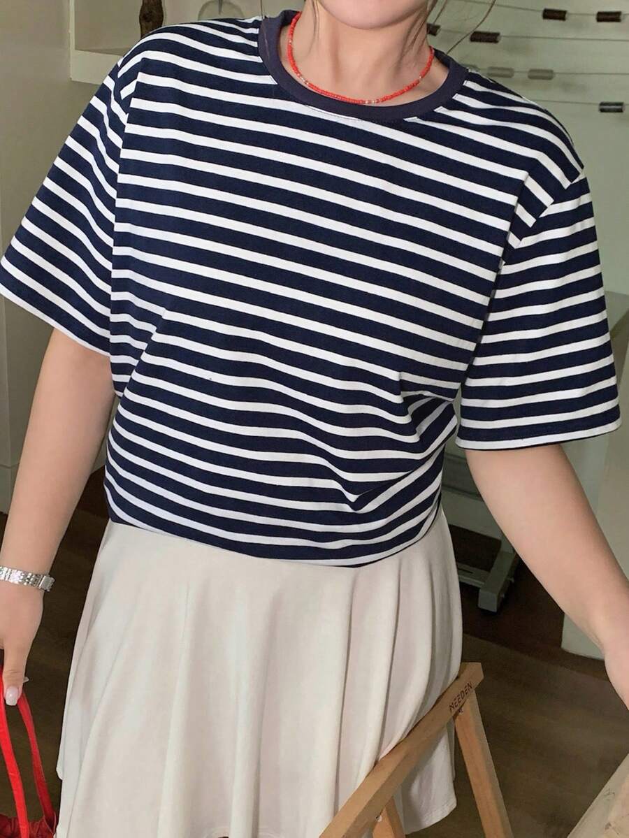 Dazy Plus Contrast Color Block Striped Round Neck Loose Short Sleeve Pink T-Shirt, Spring/Summer - Blue and White - View 1