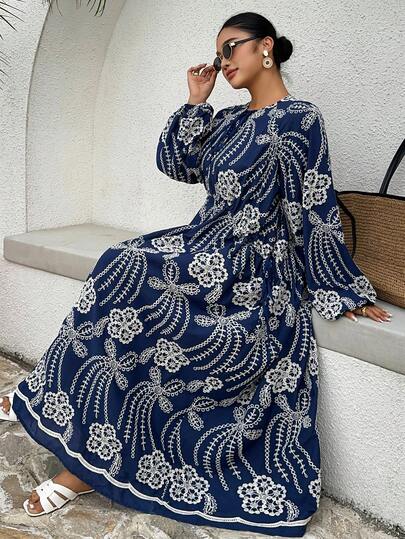 Dazy Plus Floral Embroidery Retro Pattern Drawstring Waist Vacation Style Slimming Long Dress, Elegant Plus Size For Spring/Summer