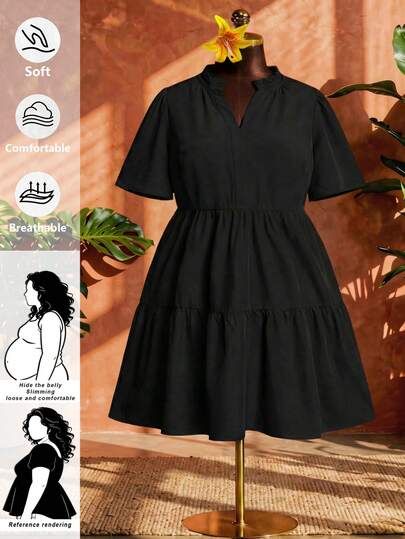 SHEIN CURVE+ Große Größe US22 Musik Festival, Strandurlaub, Boho Damen Frühlings- und Sommer Mode Lässig Locker Bequem Grundlegende Tägliche Schlank Kurzarm V-Ausschnitt Schwarzes Kurzes Kleid, Sommer Outfits für Damen, Elegante Kleider für Damen, Sommerkleider für Damen, Old Money Stil Damen, Kirchenkleidung Damen, Bürokleidung, Arbeitskleid, Brunch Outfits für Damen, Umstandskleid Baby Shower