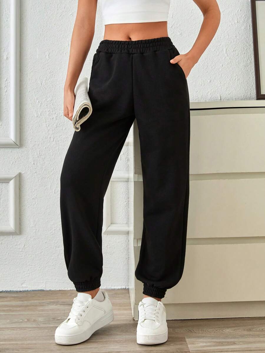 SHEIN PETITE Women Cotton Solid Elastic Waist Sweatpants - Black - View 1