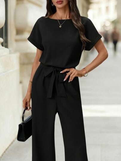 Editum Women's New Elegant Round Neck Jumpsuit With Waist Cinching, Slimming, Wrinkle-Resistant, Suitable For Commuting, With Belt