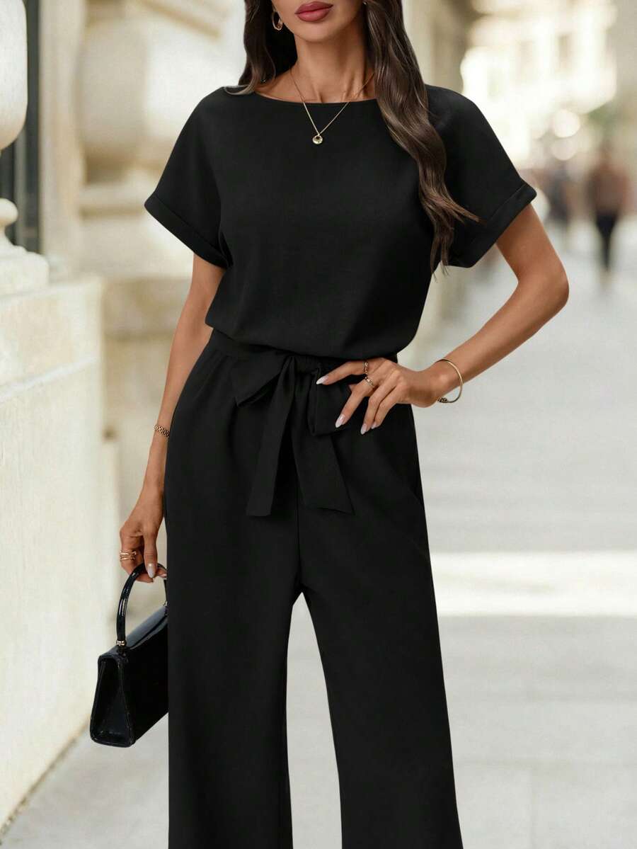 Editum 女士新款优雅圆领连体裤，收腰设计，显瘦塑形，抗皱，适合通勤，配有腰带 - 黑色 - 查看 1