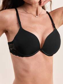 DesireSculpt Black Contrast Lace Push Up Bra For Women With Slight Stretch Fabric - Black - View 6