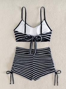 Swim Lushoire Bộ đồ bơi 2 món dành cho nữ, chất liệu vải kẻ sọc xanh trắng, kiểu dáng chéo ngực, quần short có dây rút bên hông, bộ đồ bơi thời trang. - Đen và trắng - Xem 4