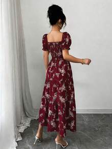 Elenzga 女士春夏方领褶皱短袖荷叶边长款连衣裙，饰有小碎花图案，适合休闲日常、工作、旅行、海滩、波西米亚风、西部风、音乐节、乡村风格等场合。 - 紅色 - 查看 2